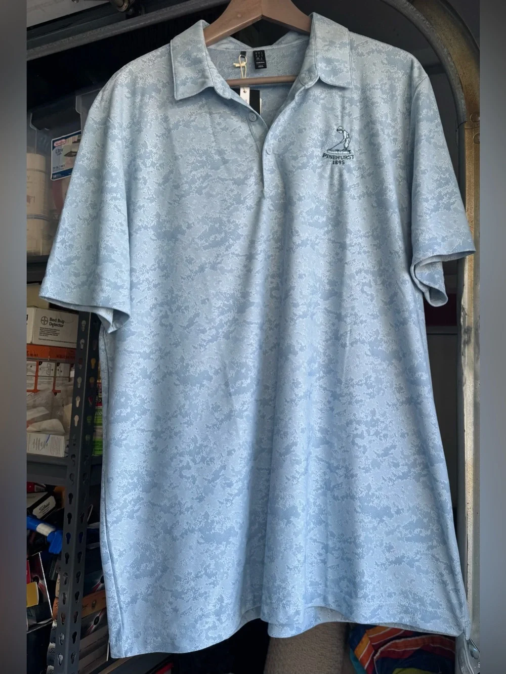 Men’s Adidas Lgt Blue Polo with Subtle Camo Pattern. Size XL, NWT Pinehurst Logo